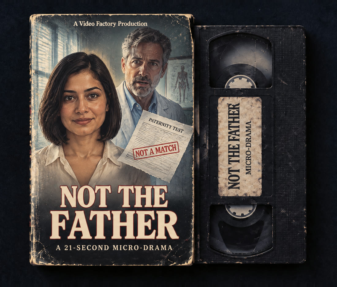 VHS box and tape of Not the Father, a 21-second micro-drama: a calm woman with a black bob smiles faintly while a shocked doctor stands behind her next to a paternity test.