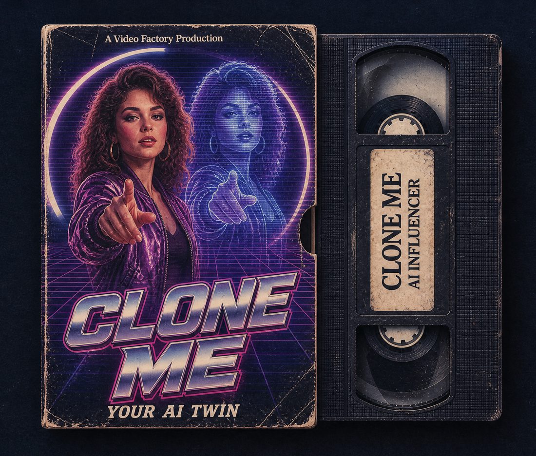 VHS box and tape of Clone Me: a woman points at the camera next to a glowing hologram copy of herself.