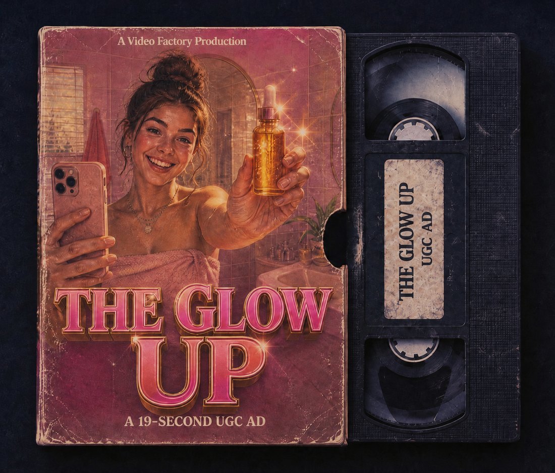 VHS box and tape of The Glow Up, a 19-second UGC ad: a smiling creator in a pink towel films herself holding a glowing serum bottle.